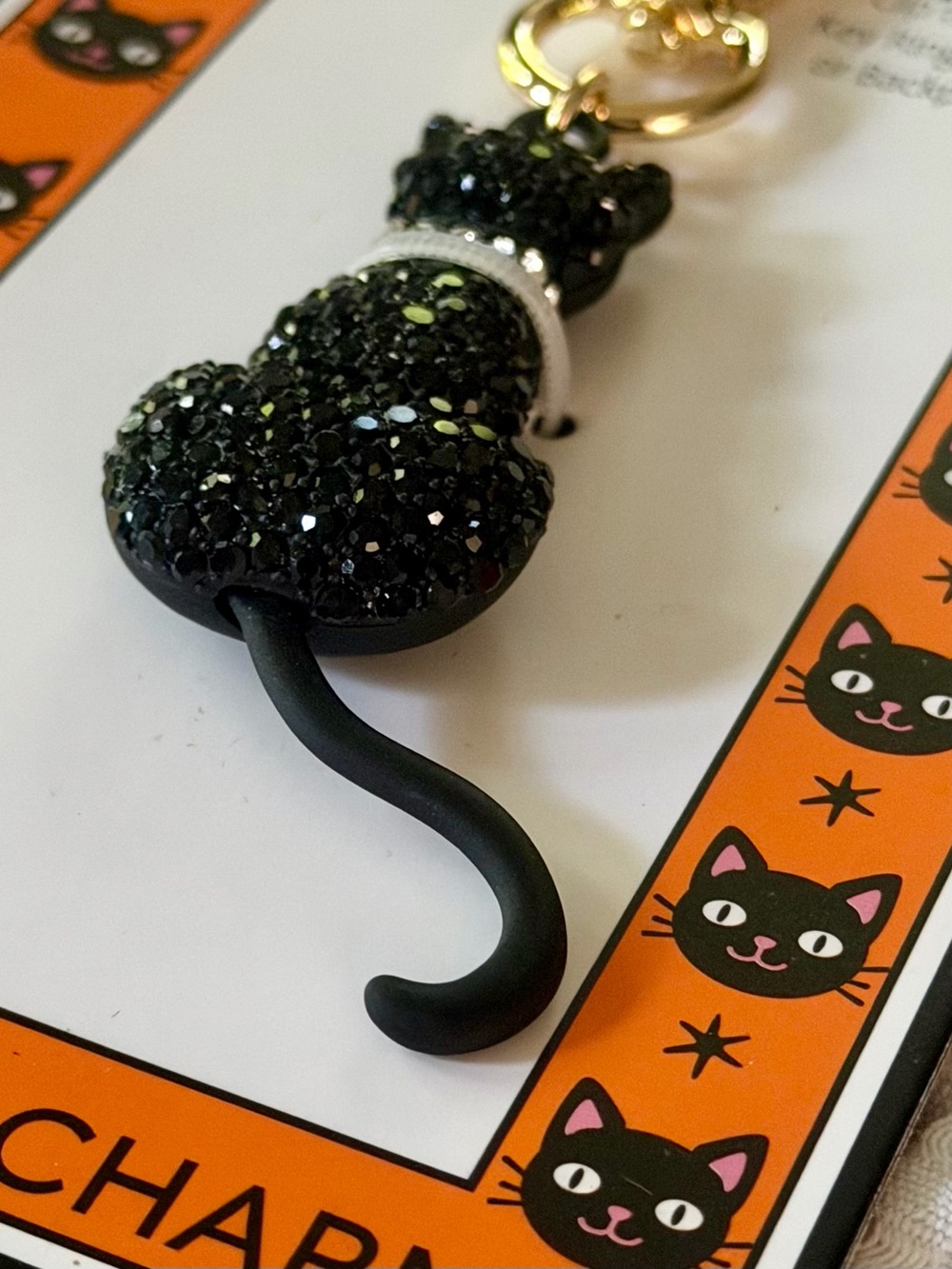 Halloween Black Cat Glass Crystal Bag Charm Purse Backpack Key Ring Moving Tail - Picture 4 of 7